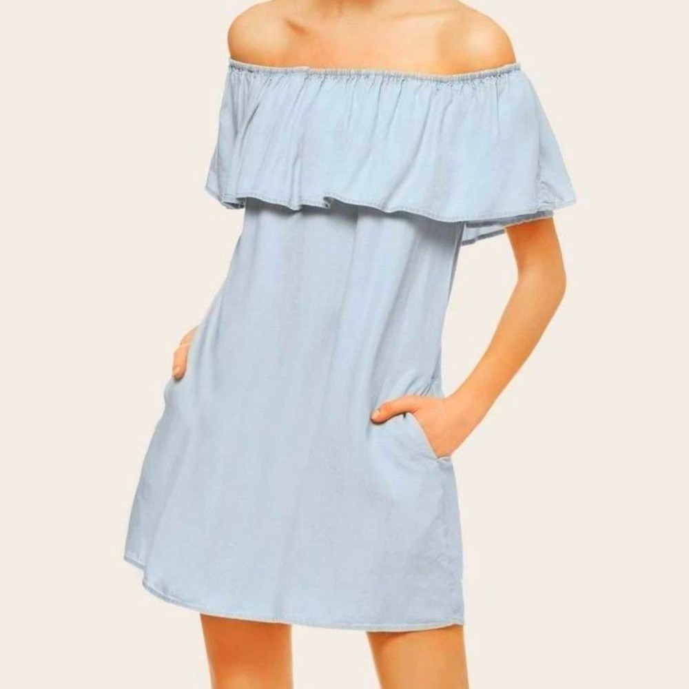 Sanctuary 100% Tencel Off Shoulder Dress Medium Blue Ruffle Mini Prairie Boho